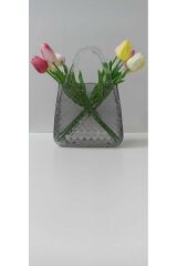 MODERN CAM ÇANTA ŞEKLİNDE AKSESUAR VAZO (27 CM BOY - 18 CM EN - 8 CM DERİNLİK ) GRİ VE MAVİ RENK
