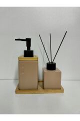 BAMBU TEPSİLİ 2 Lİ BANYO SETİ SERAMİK ( 16 CM TABAK BOY , 17 CM SABUNLUK BOY 7 CM KOKULUK BOY )