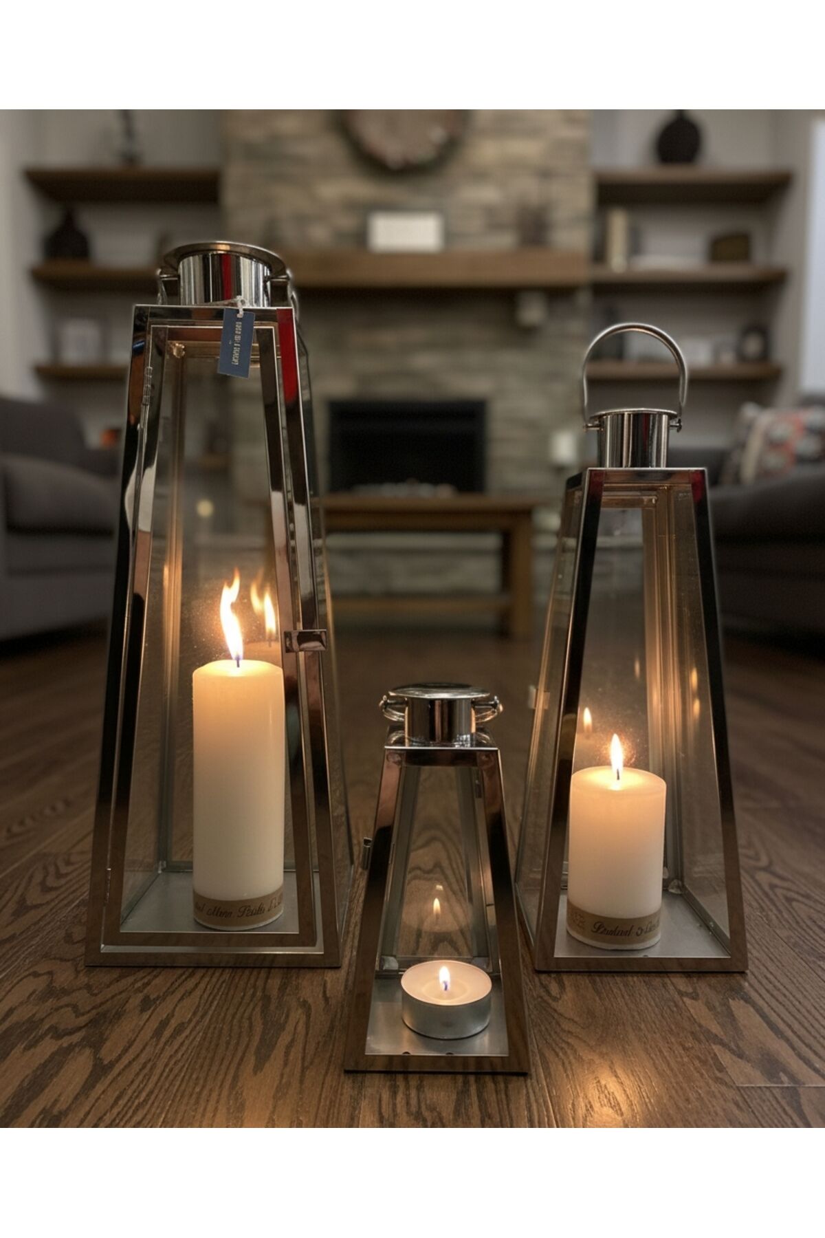 MARKA Üçlü Çelik Mumluk Kandil Fener Şamdan 50*20---40*15---30*10 boyut