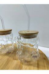 TEKLİ ISIYA DAYANIKLI BAMBU KAPAKLI ÜZÜM TANELİ CAM PİPETLİ PİNTEREST BARDAĞI ŞIK KUPA