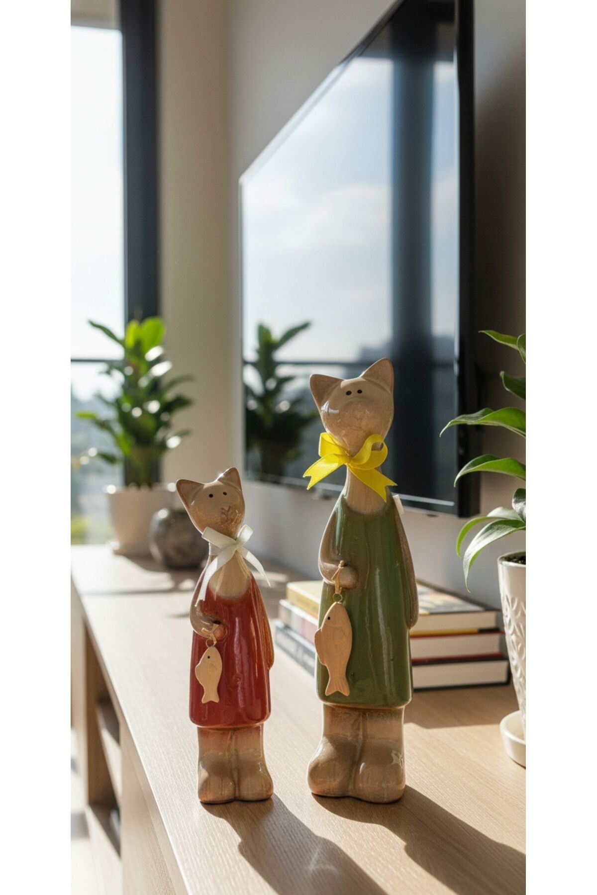 SERAMİK PARLAK DEKORATİF KEDİ BİBLO 2'Lİ ( BÜYÜK 25CM -KÜÇÜK 19 CM )