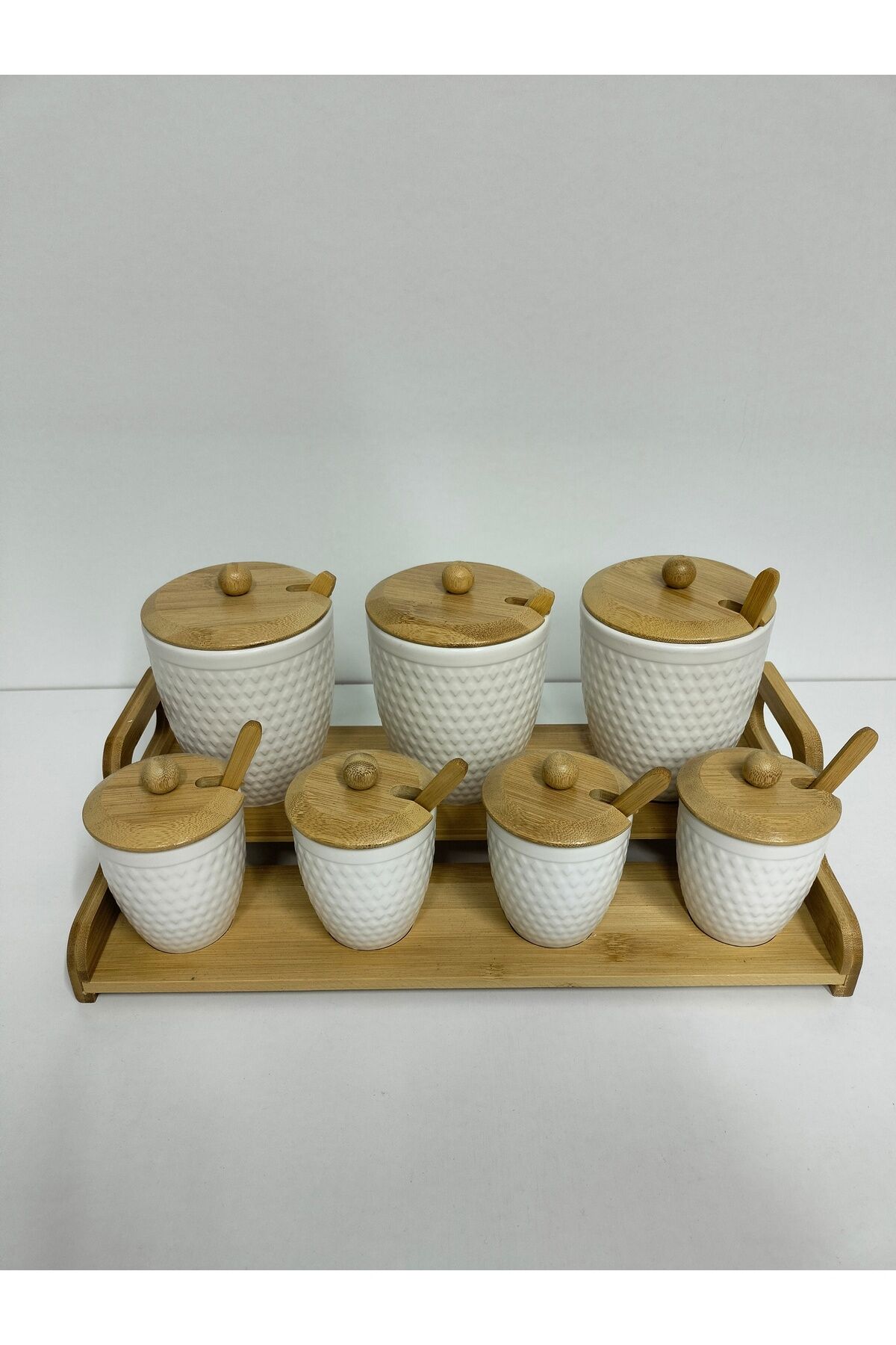 Bambu Stantlı, Bambu Kapaklı Seramik 7 Li Baharatlık ( 40 Cm Stant Boyu )