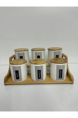 BAMBU STANTLI BAMBU KAPAKLI SERAMİK 6 LI BAHARAT SETİ (BEYAZ) (34 CM STANT )