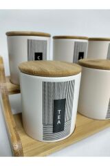 BAMBU STANTLI BAMBU KAPAKLI SERAMİK 6 LI BAHARAT SETİ (BEYAZ) (34 CM STANT )