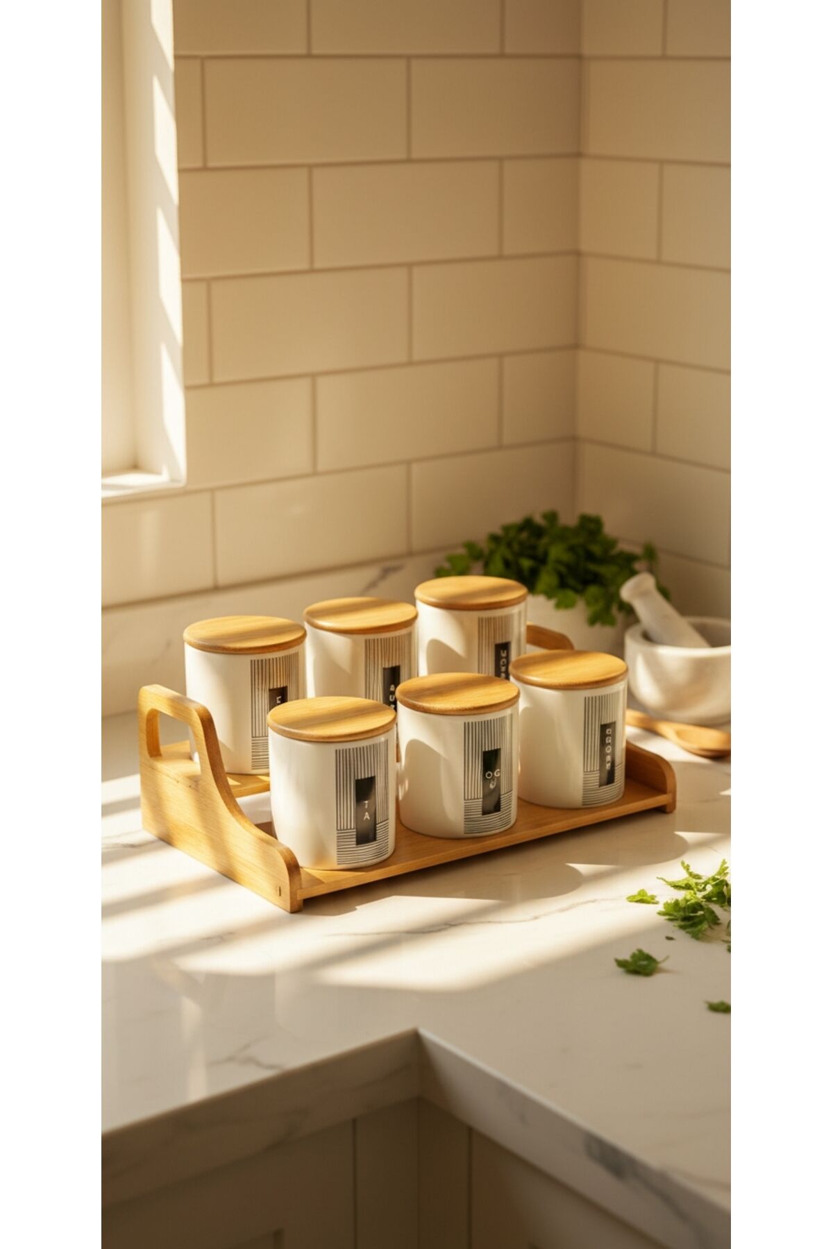 BAMBU STANTLI BAMBU KAPAKLI SERAMİK 6 LI BAHARAT SETİ (BEYAZ) (34 CM STANT )