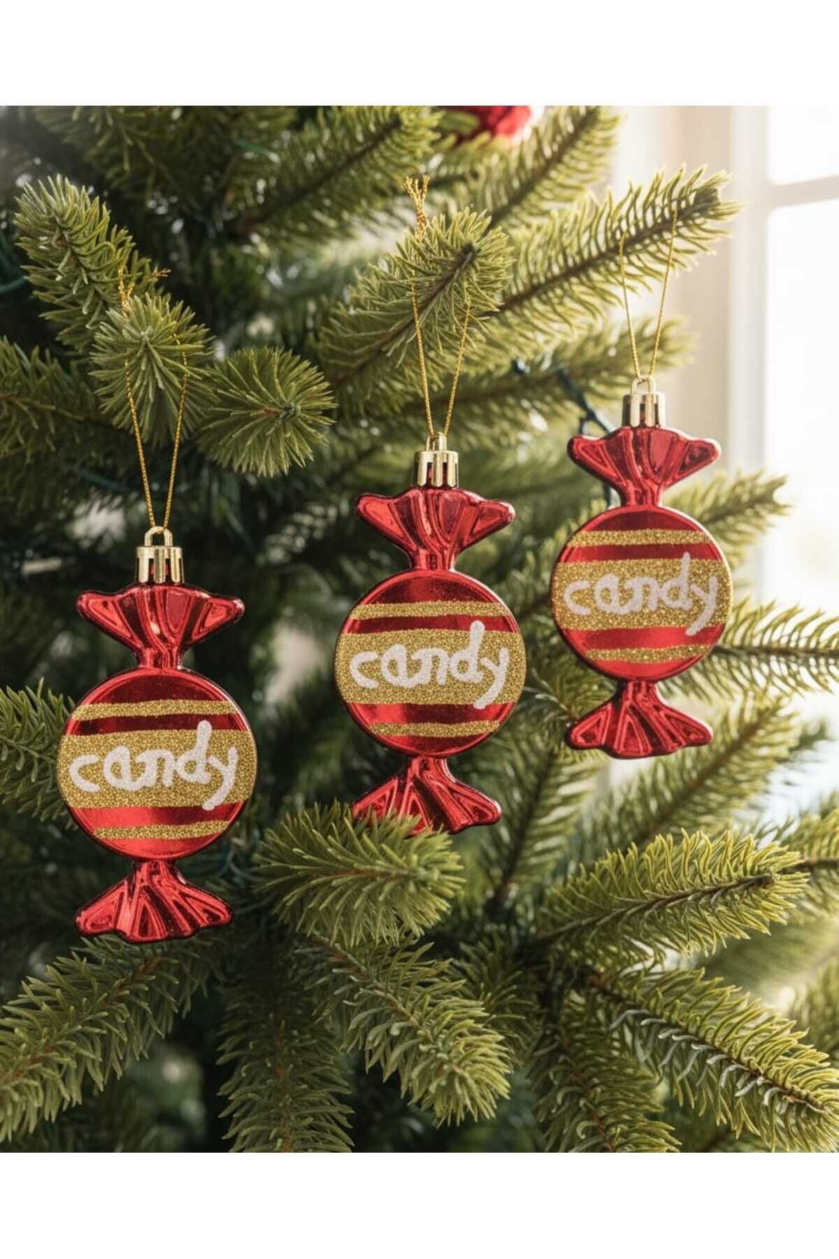 6 LI ŞIK PAKET YILBAŞI SÜSÜ ( YILBAŞI TEMALI ŞEKER ŞEKLİNDE KALİTELİ SÜS KIRMIZI