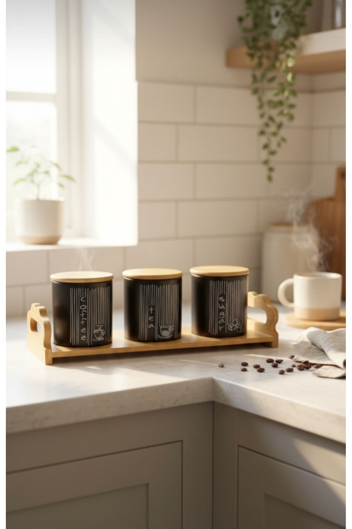 BAMBU STANTLI BAMBU KAPAKLI SERAMİK 3 LÜ BAHARAT SETİ SİYAH (STANT BOYU 34 CM )