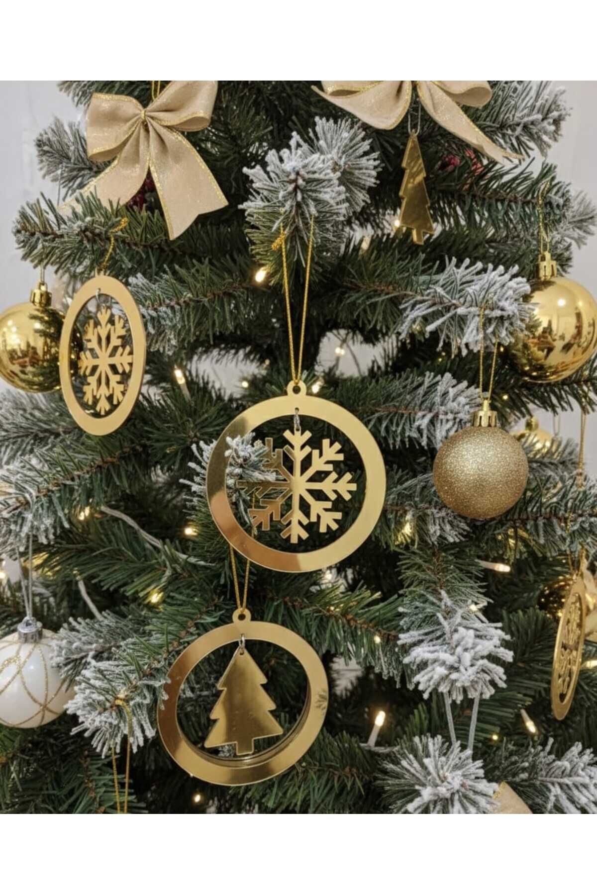 YILBAŞI SÜSÜ ÇAM AĞACI VE KAR TANESİ TEMALI GOLD KALİTELİ SÜS