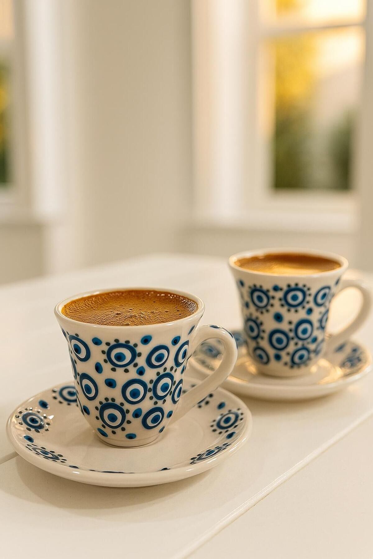 EL YAPIMI SERAMİK NAZAR BONCUKLU ŞIK TASARIM 2 Lİ TÜRK KAHVESİ FİNCAN SETİ, ÇEYİZ,GÜNLÜK