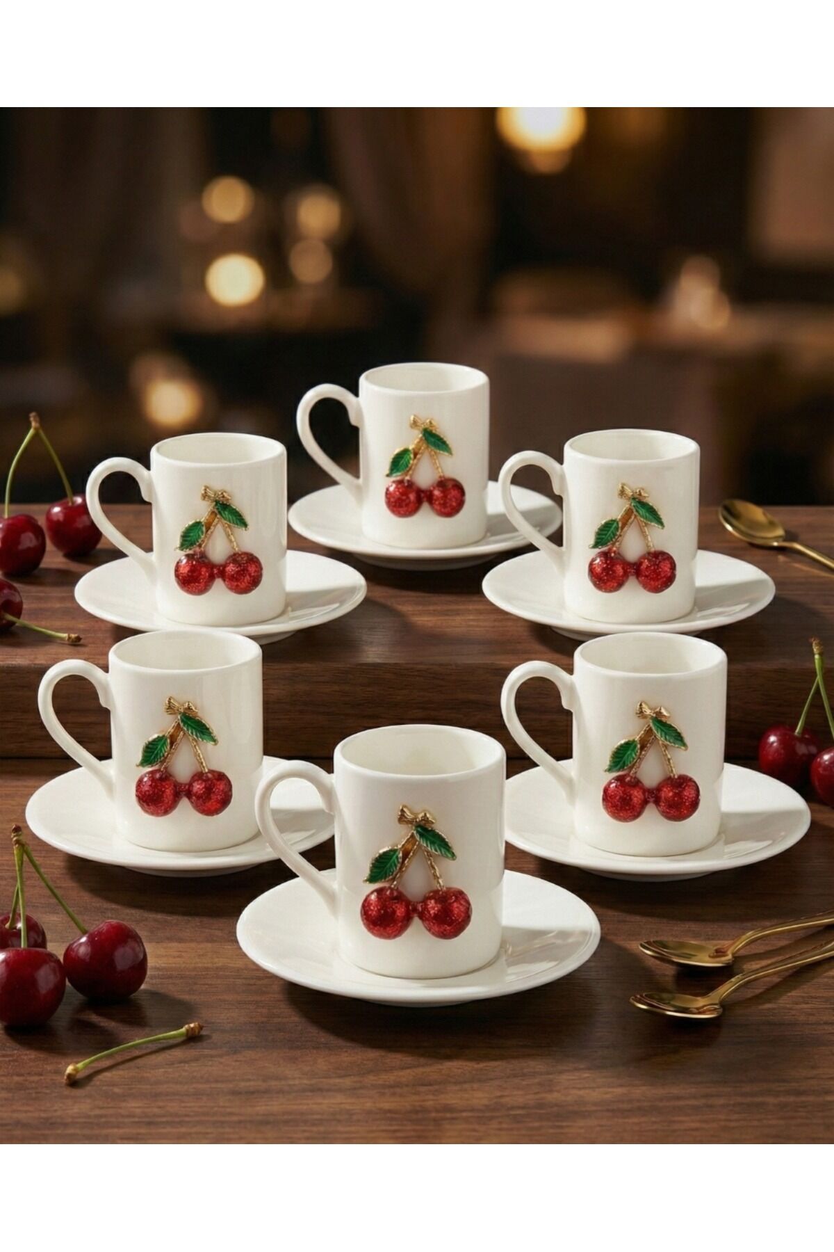 KİRAZ MODEL 6 KİŞİLİK PORSELEN FİNCAN SET ( 1 ADET KİRAZ MODEL DRAJELİK HEDİYELİ )