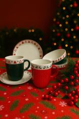 ACAR MARKA PORSELEN YENİ YIL TEMALI ŞIK KAHVALTI SETİ ( 2 KUPA- 2 DERİN KASE -2 PASTA TABAĞI