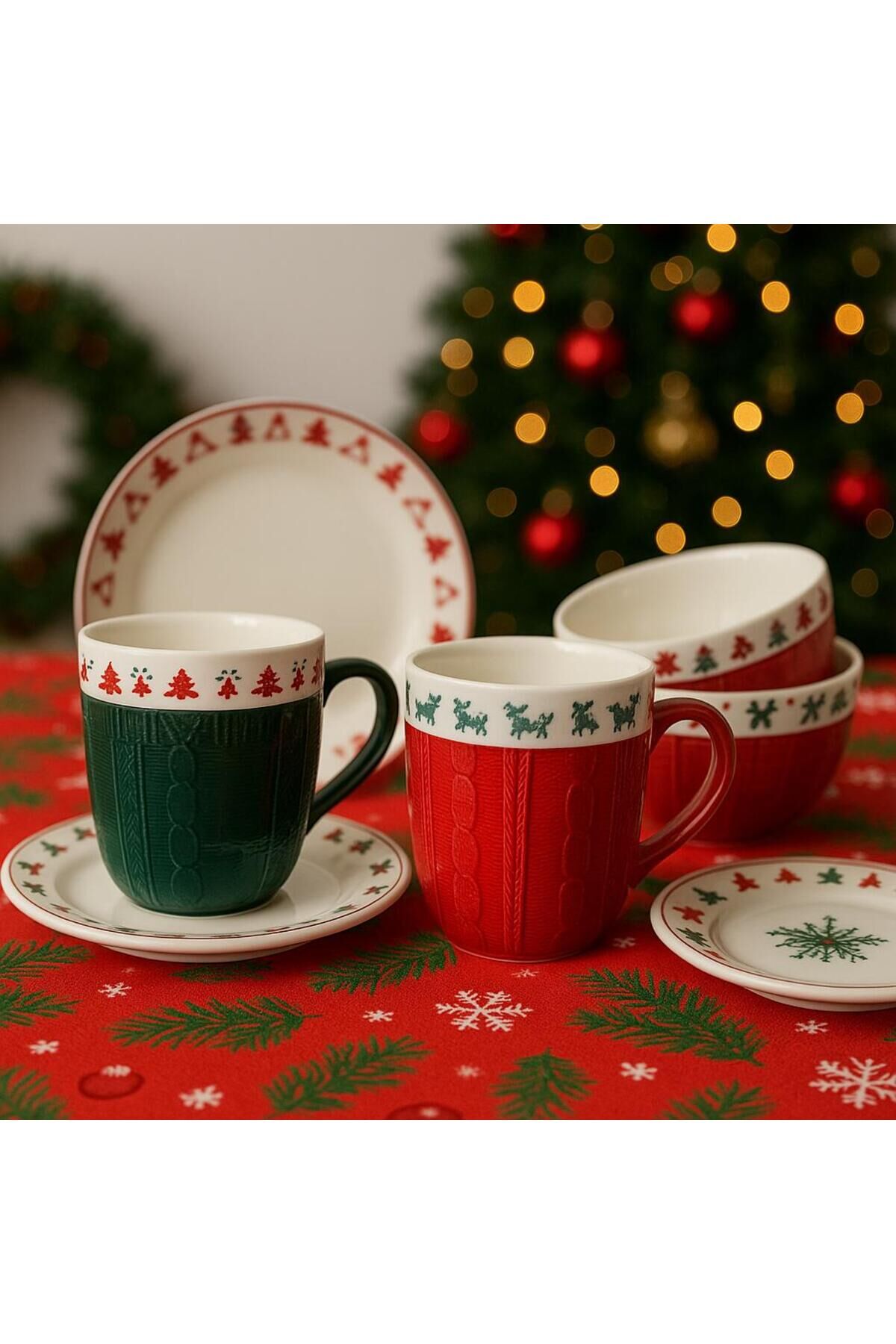 ACAR MARKA PORSELEN YENİ YIL TEMALI ŞIK KAHVALTI SETİ ( 2 KUPA- 2 DERİN KASE -2 PASTA TABAĞI