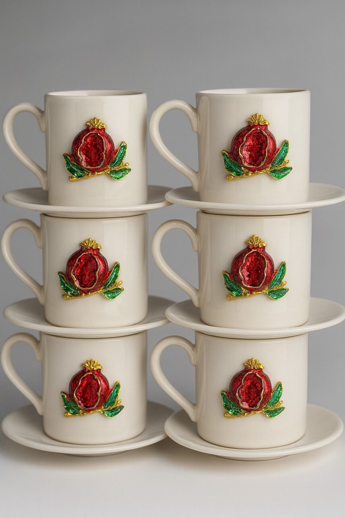 NAR TEMALI PORSELEN 6 KİŞİLİK KAHVE FİNCAN SET ( 1 ADET PORSELEN NAR TEMALI DRAJELİK HEDİYELİ )