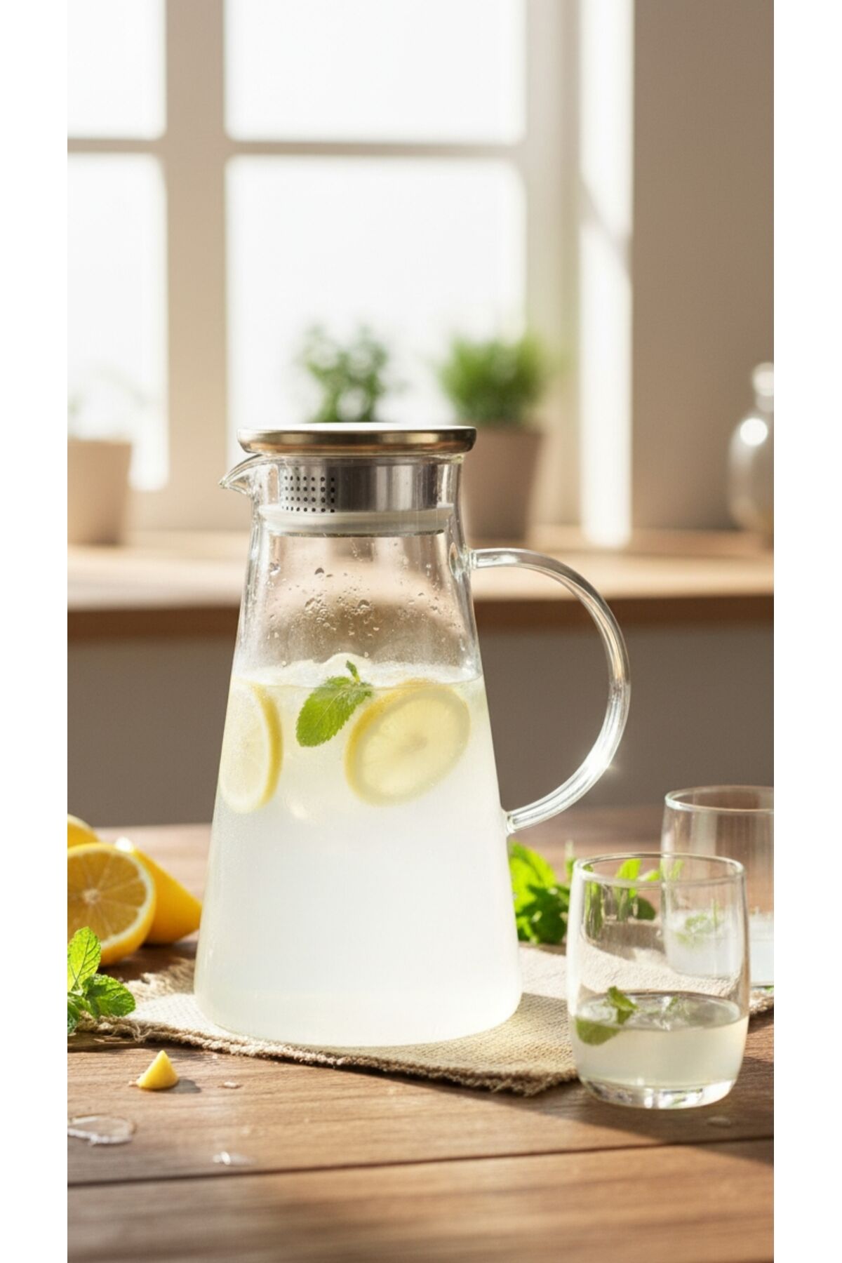 METAL KAPAKLI SÜZGEÇLİ CAM SÜRAHİ (1.9 L 24 CM BOY )