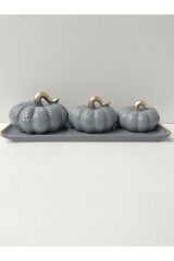 Seramik 4 Lü Bal Kabağı Dekoratif Set ( Bal Kabağı halloween 11 Cm , 10 Cm , 8 Cm ) 31 Cm Alt Kısım Gri