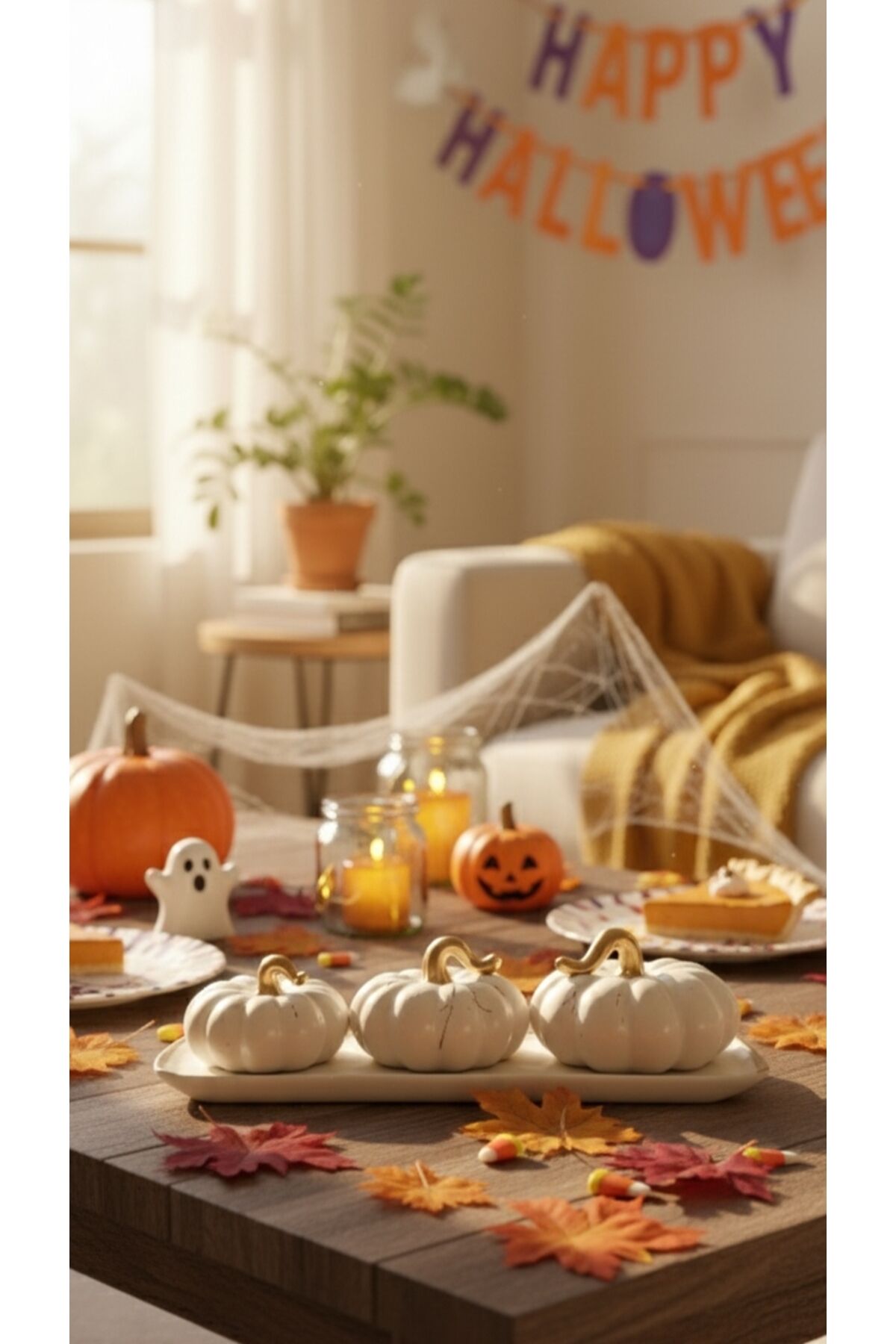 Seramik 4 Lü Bal Kabağı Dekoratif Set ( Bal Kabağı halloween 11 Cm , 10 Cm , 8 Cm ) 31 Cm Alt Kısım Krem