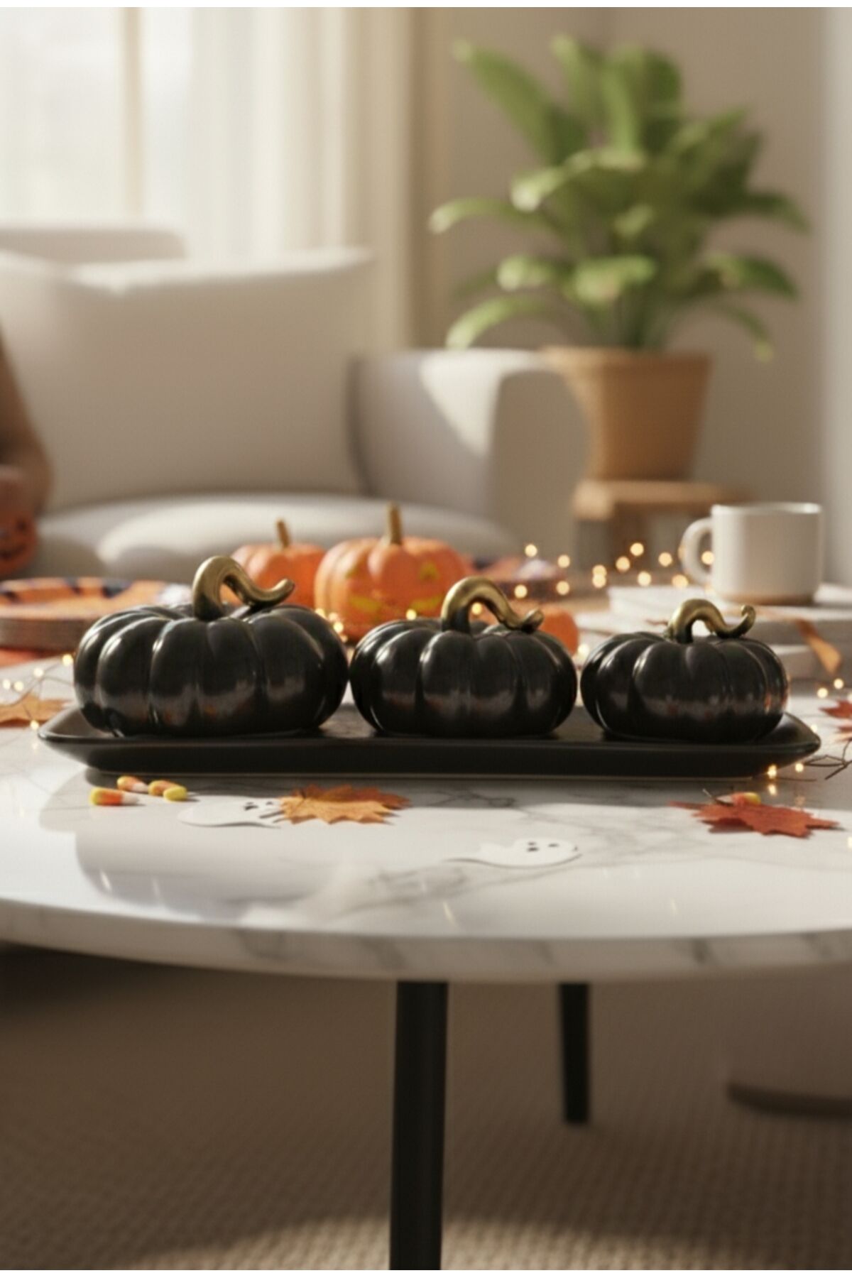 Seramik 4 Lü Bal Kabağı Dekoratif Set ( Bal Kabağı halloween 11 Cm , 10 Cm , 8 Cm ) 31 Cm Alt Kısım Siyah