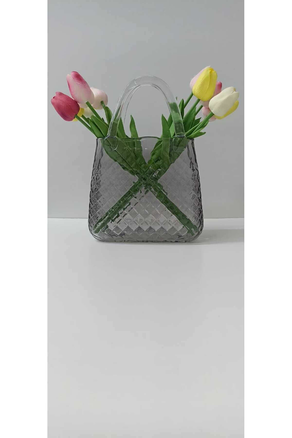 MODERN CAM ÇANTA ŞEKLİNDE AKSESUAR VAZO (27 CM BOY - 18 CM EN - 8 CM DERİNLİK ) GRİ VE MAVİ RENK Gri