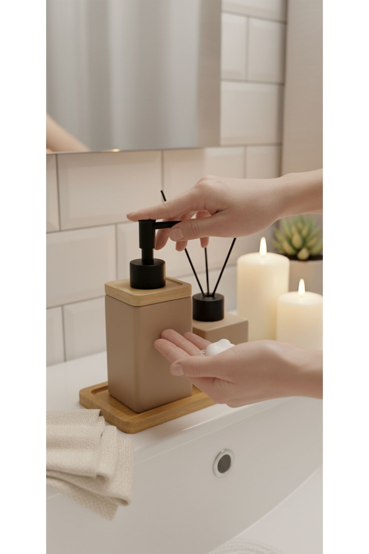 BAMBU TEPSİLİ 2 Lİ BANYO SETİ SERAMİK ( 16 CM TABAK BOY , 17 CM SABUNLUK BOY 7 CM KOKULUK BOY ) Açık Kahve