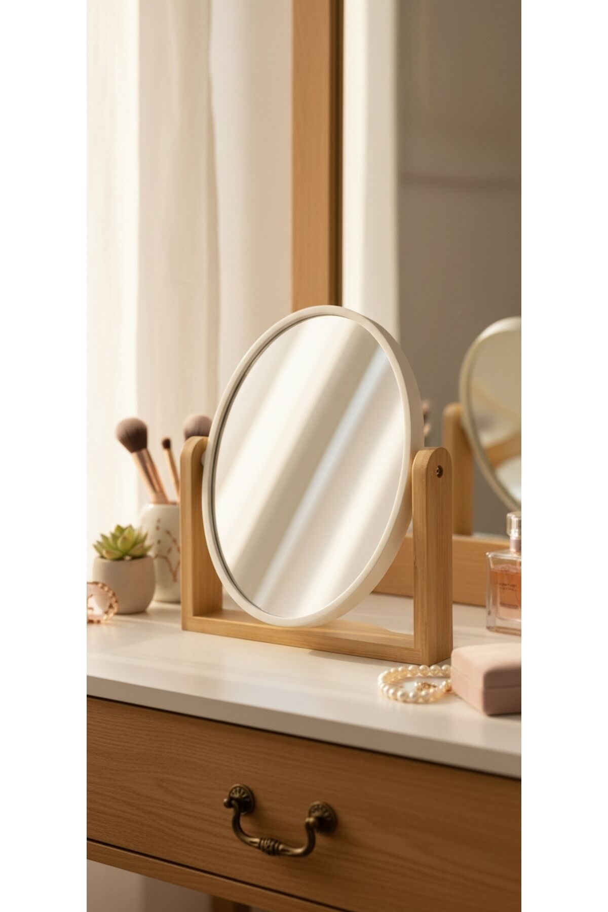 BAMBU AYAKLI OVAL- DİKDÖRGEN AYNA(20 CM BOY-18 CM EN ) MAKYAJ,GÜZELLİK, HEDİYELİK EŞYA EV OFİS ODA Beyaz Oval