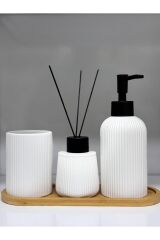 BAMBU TABAKLI SERAMİK 3 LÜ BANYO SETİ Beyaz