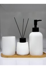 BAMBU TABAKLI SERAMİK 3 LÜ BANYO SETİ Beyaz