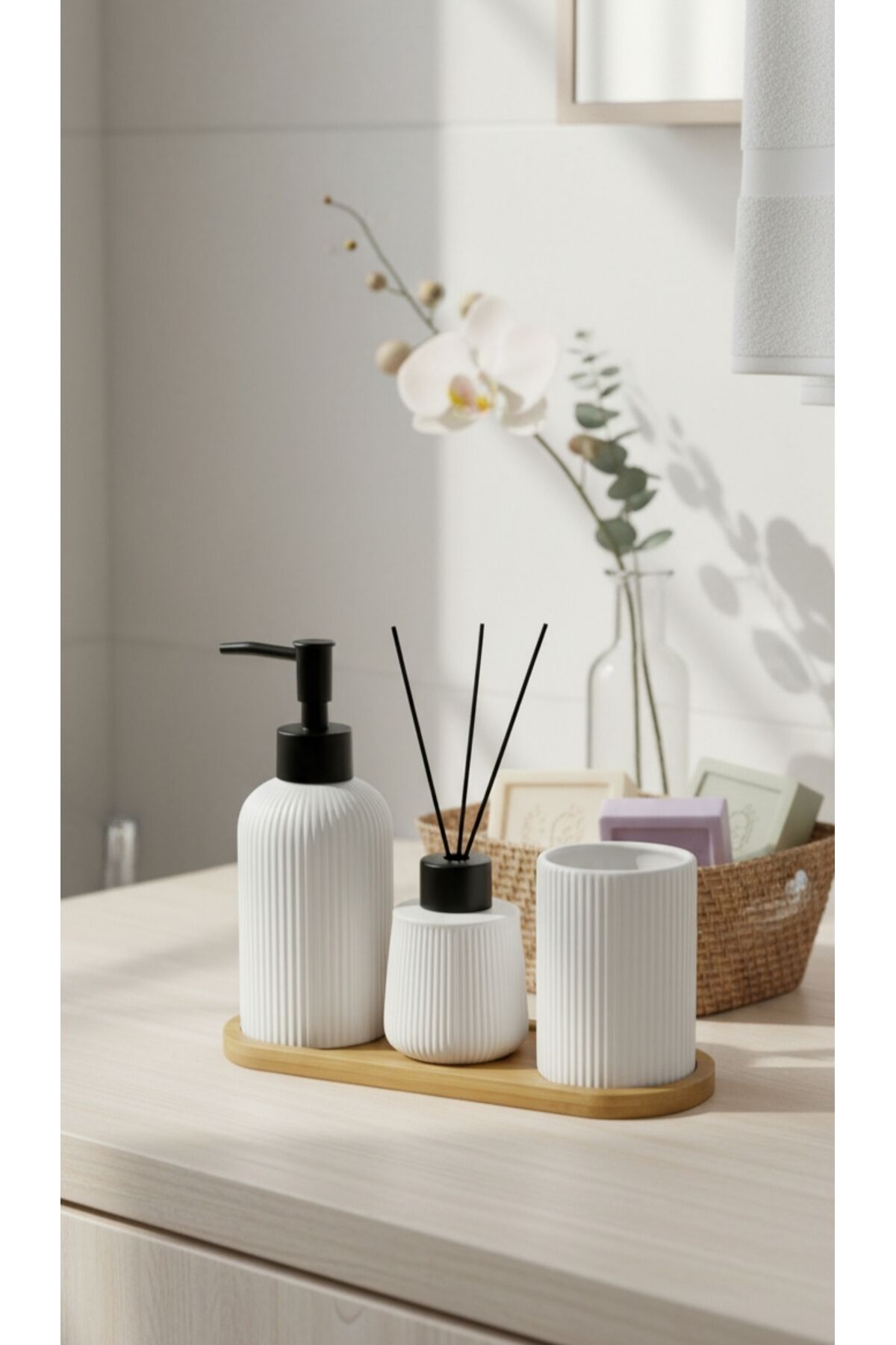 BAMBU TABAKLI SERAMİK 3 LÜ BANYO SETİ Beyaz