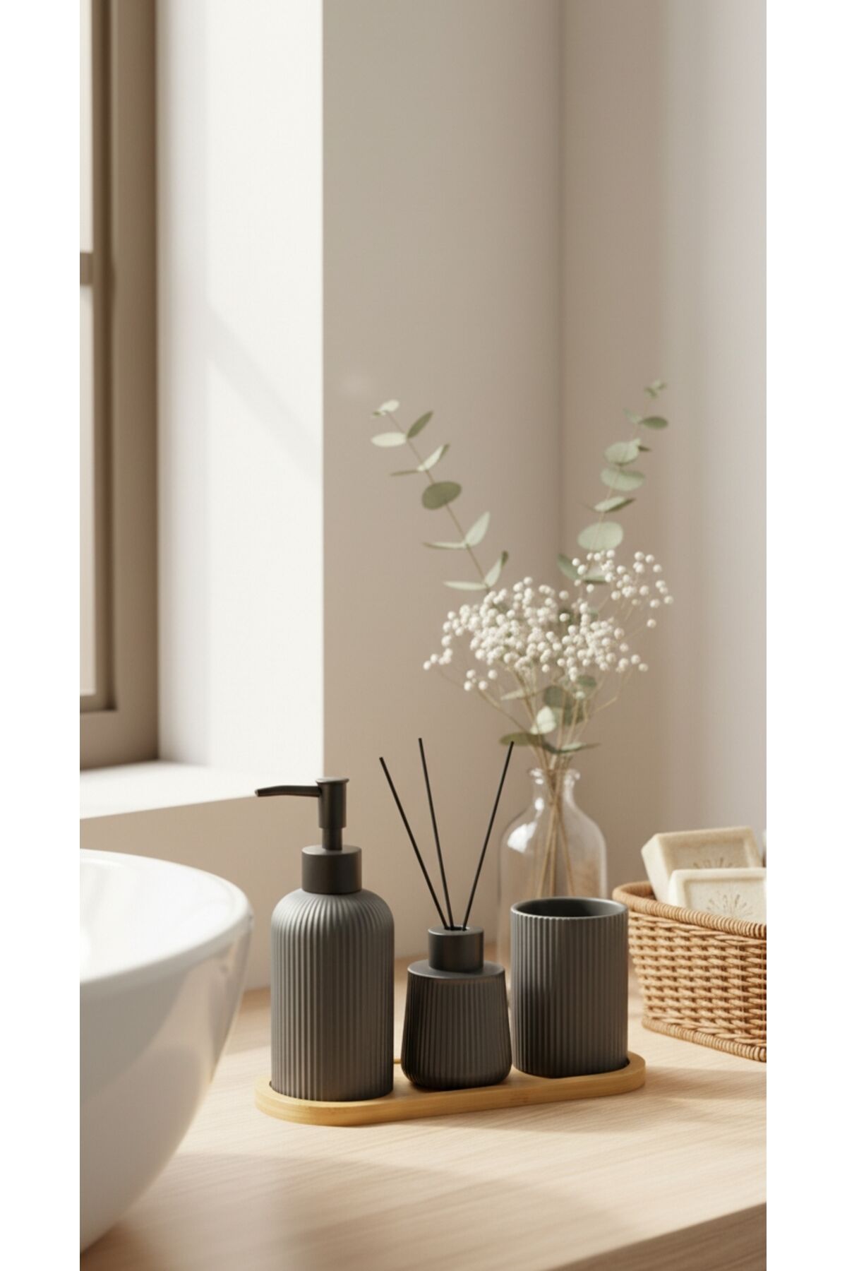 BAMBU TABAKLI SERAMİK 3 LÜ BANYO SETİ Siyah