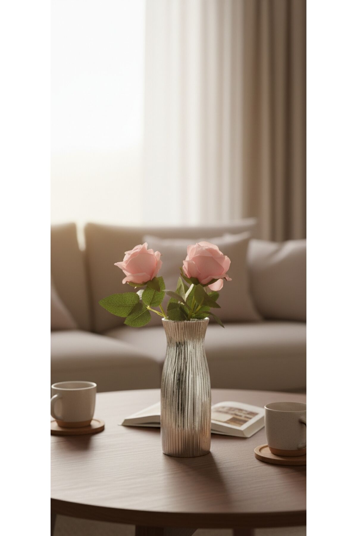 CAM GOLD-GÜMÜŞ KAPLAMA ŞIK TASARIM VAZO(24 CM)SALON ODA OFİS ÇEYİZ HEDİYELİK(ÇİÇEK DAHİL DEĞİL) Gümüş