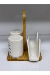 BAMBU STANTLI SERAMİK 3 LÜ TUZLUK, BİBERLİK ,PEÇETELİK STANT (11*11) PEÇETELİK (14 CM) Beyaz