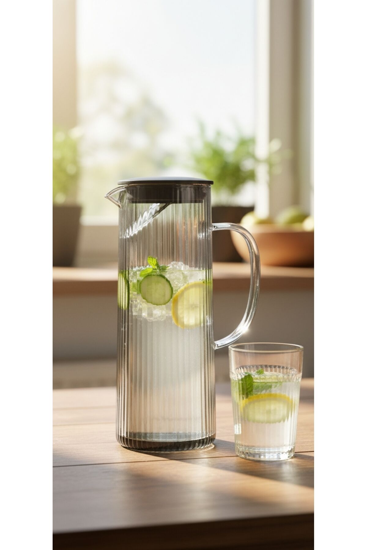 SÜZGEÇLİ CAM SÜRAHİ (1.3L, 24 CM ) Gri