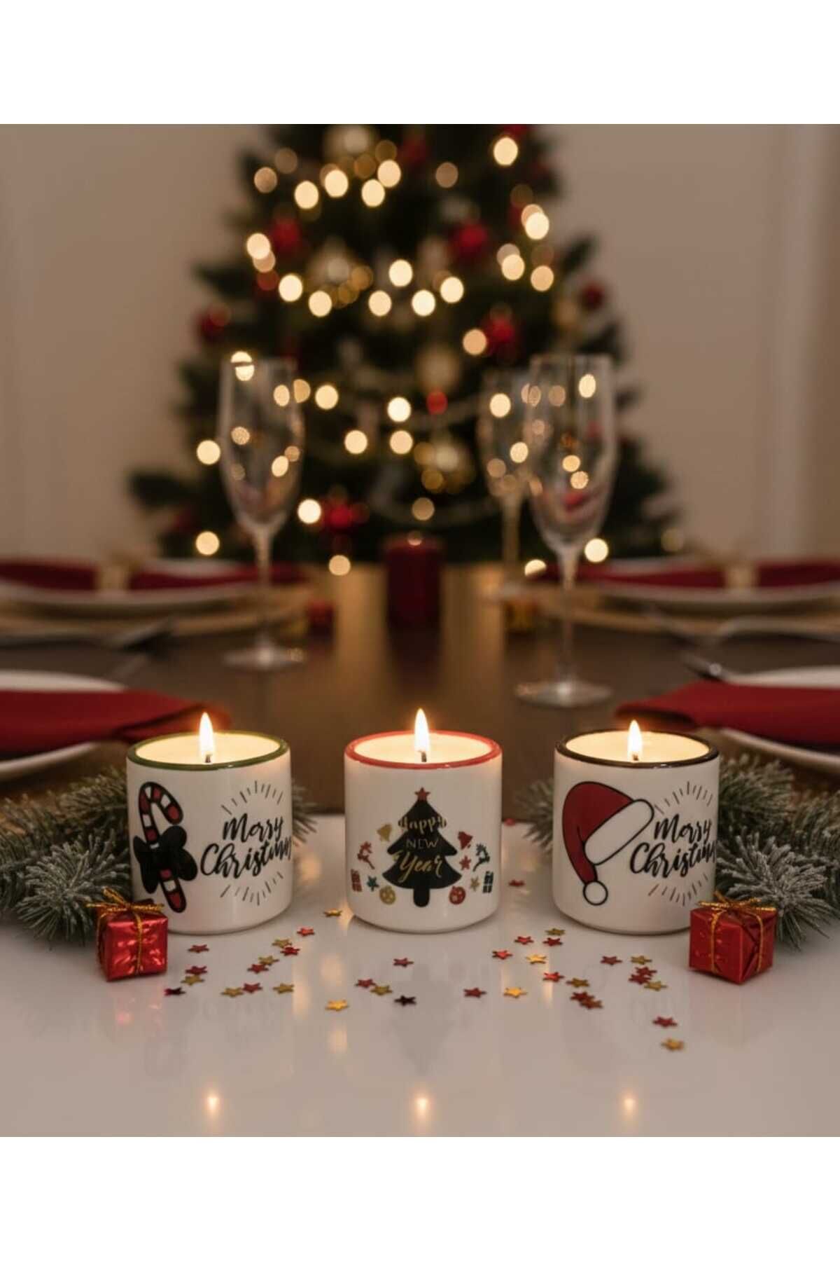 KOKULU 3 LÜ SET SERAMİK KASELİ YENİ YIL TEMALI EL YAPIMI MUM.. NOEL BABA KARDAN ADAM YILBAŞI KONSEPT Ekru