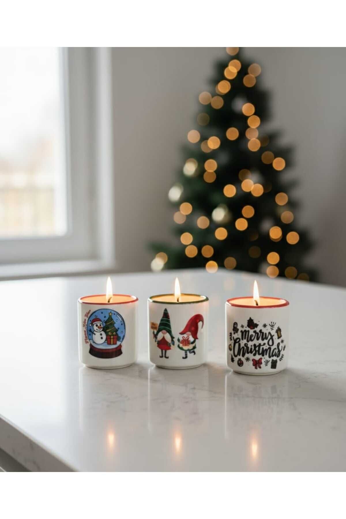 KOKULU 3 LÜ SET SERAMİK KASELİ YENİ YIL TEMALI EL YAPIMI MUM.. NOEL BABA KARDAN ADAM YILBAŞI KONSEPT Beyaz