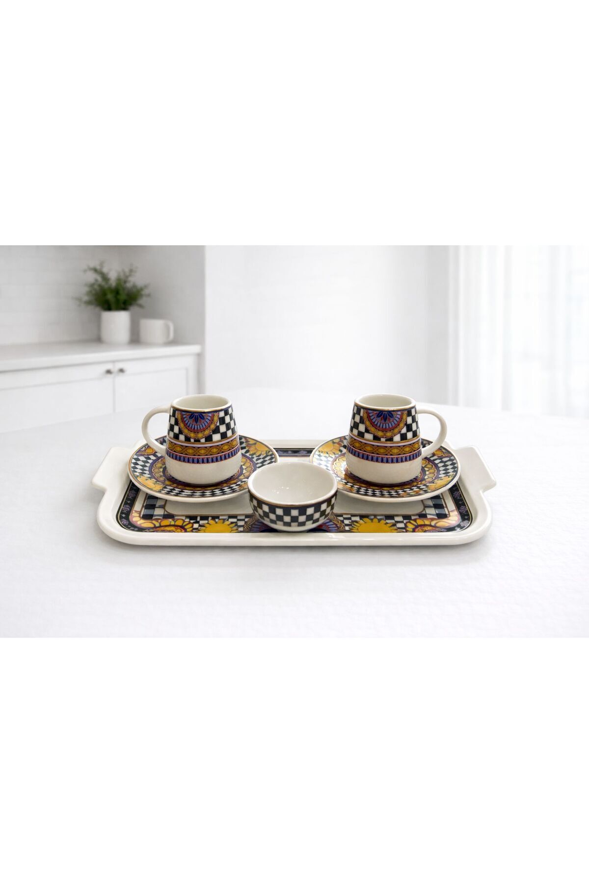 ACAR MARKA PORSELEN TEPSİLİ - DRAJELİKLİ 2 KİŞİLİK FİNCAN SET Beyaz