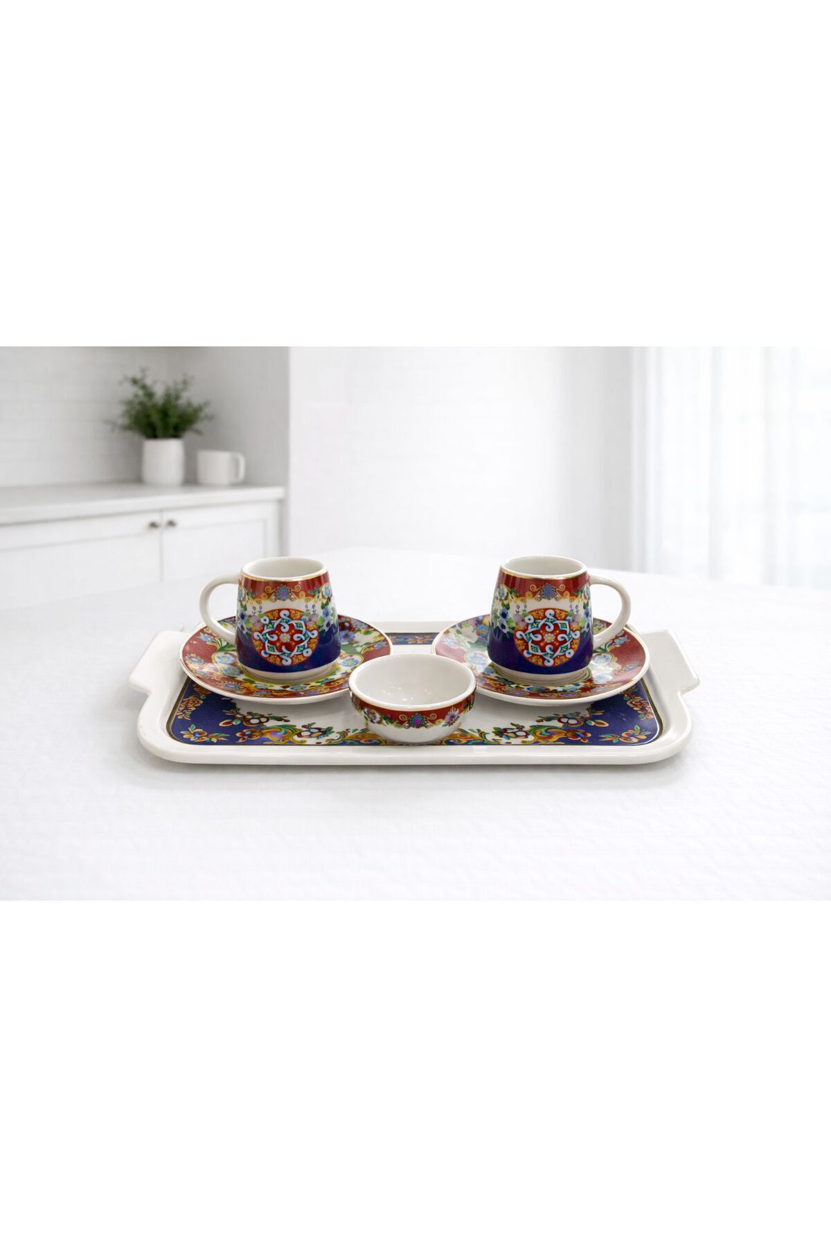 ACAR MARKA PORSELEN TEPSİLİ - DRAJELİKLİ 2 KİŞİLİK FİNCAN SET Bej