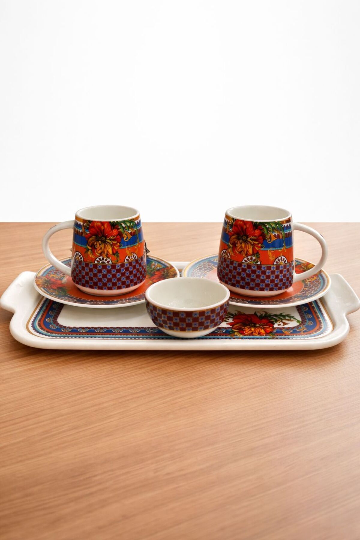 ACAR MARKA PORSELEN TEPSİLİ - DRAJELİKLİ 2 KİŞİLİK FİNCAN SET Lacivert
