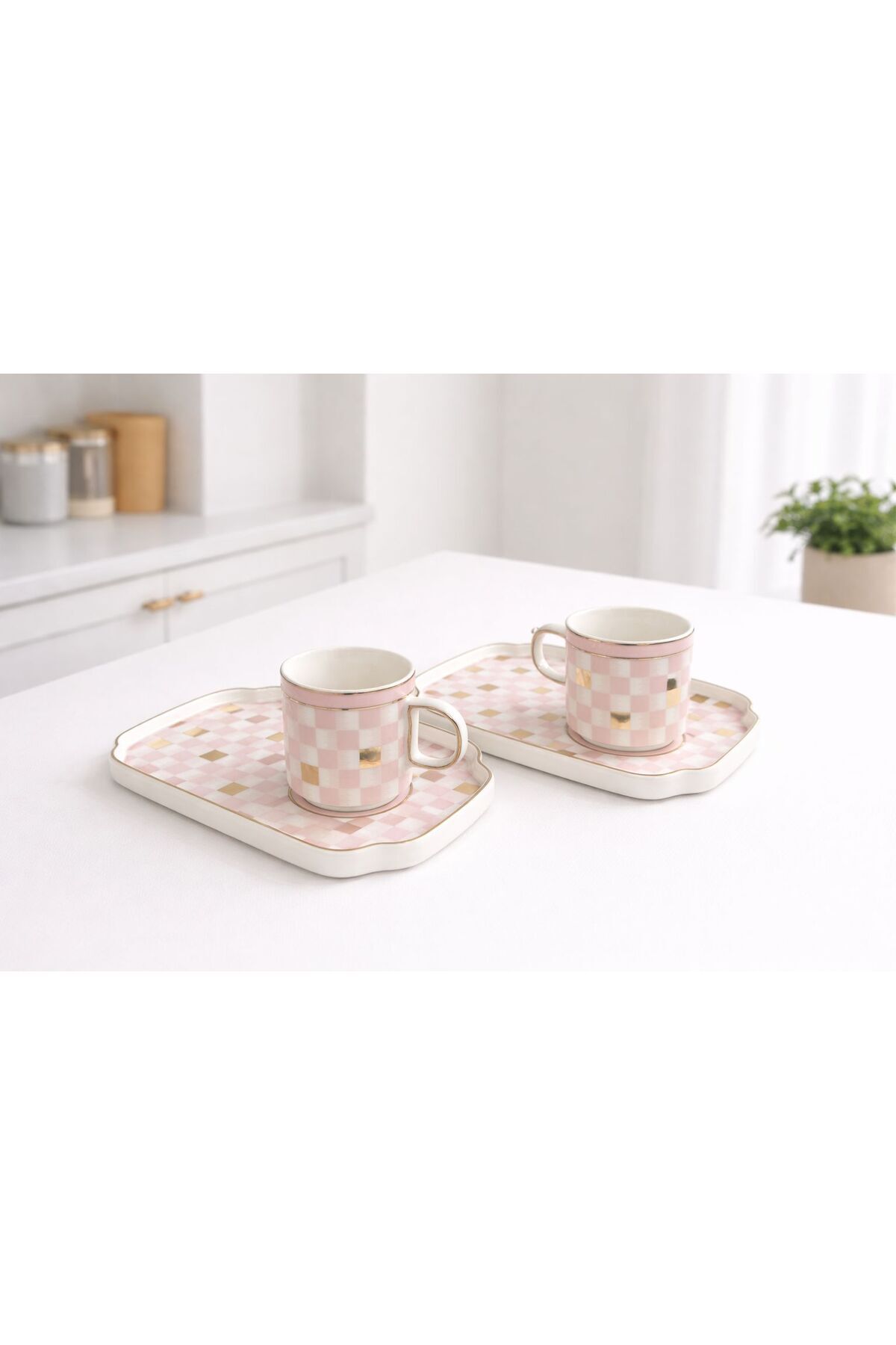 ACAR MARKA PORSELEN TEPSİLİ 2Lİ FİNCAN SET (TEPSİ 18CM ) Pembe