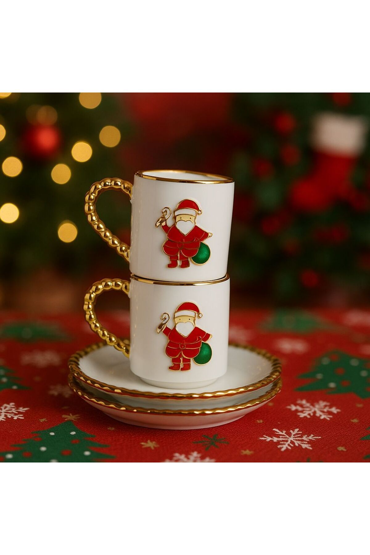 ACAR MARKA PORSELEN 2 KİŞİLİK FİNCAN SET YILBAŞI TEMALI...YENİYIL ÇAM AĞACI HEDİYE KUTUSU NOEL BABA Yeşil