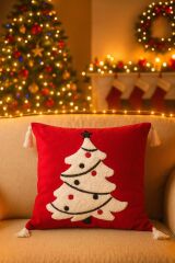 40*40 YENİ YIL TEMALI KIRLENT KILIFI ( GEYİK -ÇAM AĞACI- KARDAN ADAM-MERRY CHRİSTMAS) Kırmızı Çam Ağaci