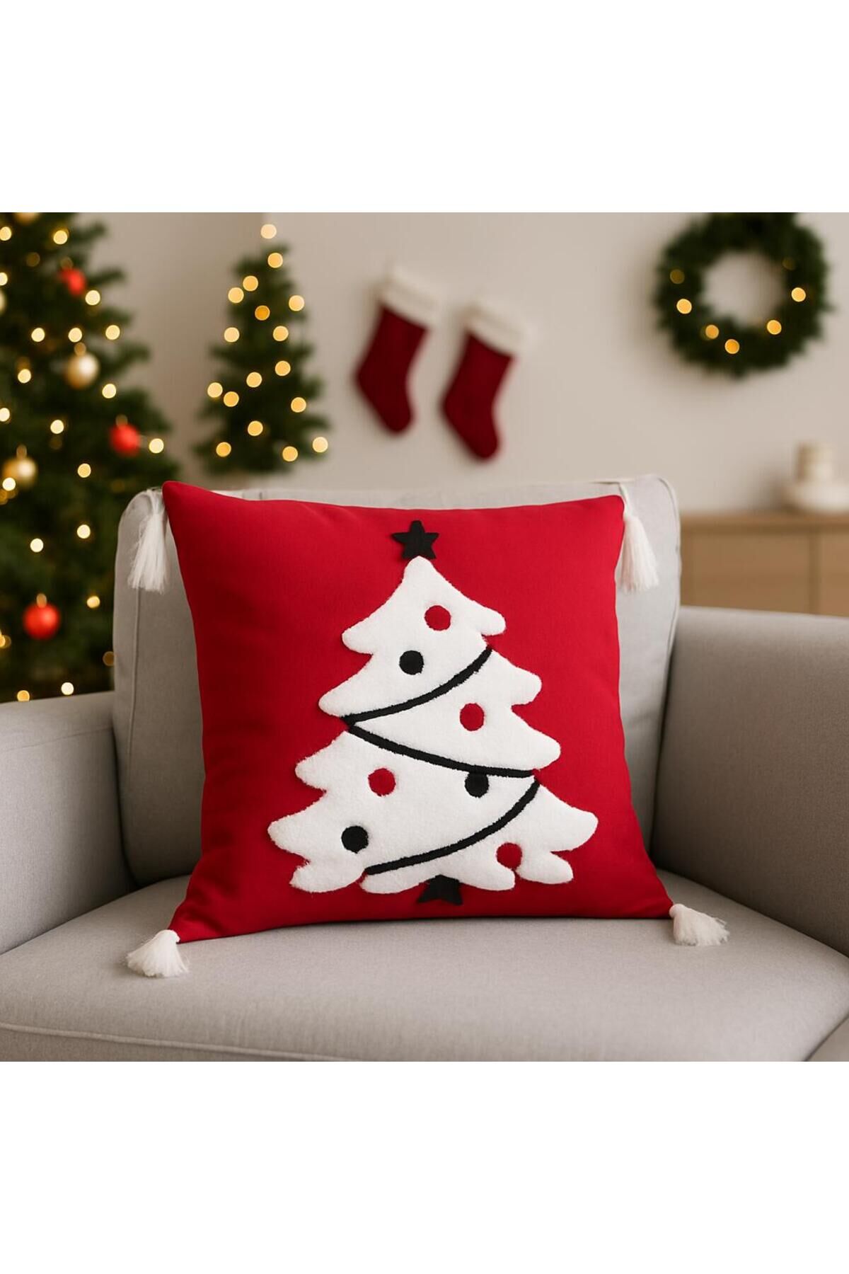 40*40 YENİ YIL TEMALI KIRLENT KILIFI ( GEYİK -ÇAM AĞACI- KARDAN ADAM-MERRY CHRİSTMAS) Kırmızı Çam Ağaci