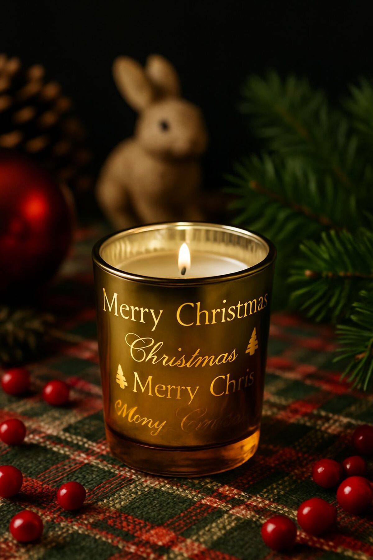 YENİ YIL TEMALI BARDAK MUM - MERRY CHRİSTMAS Altın